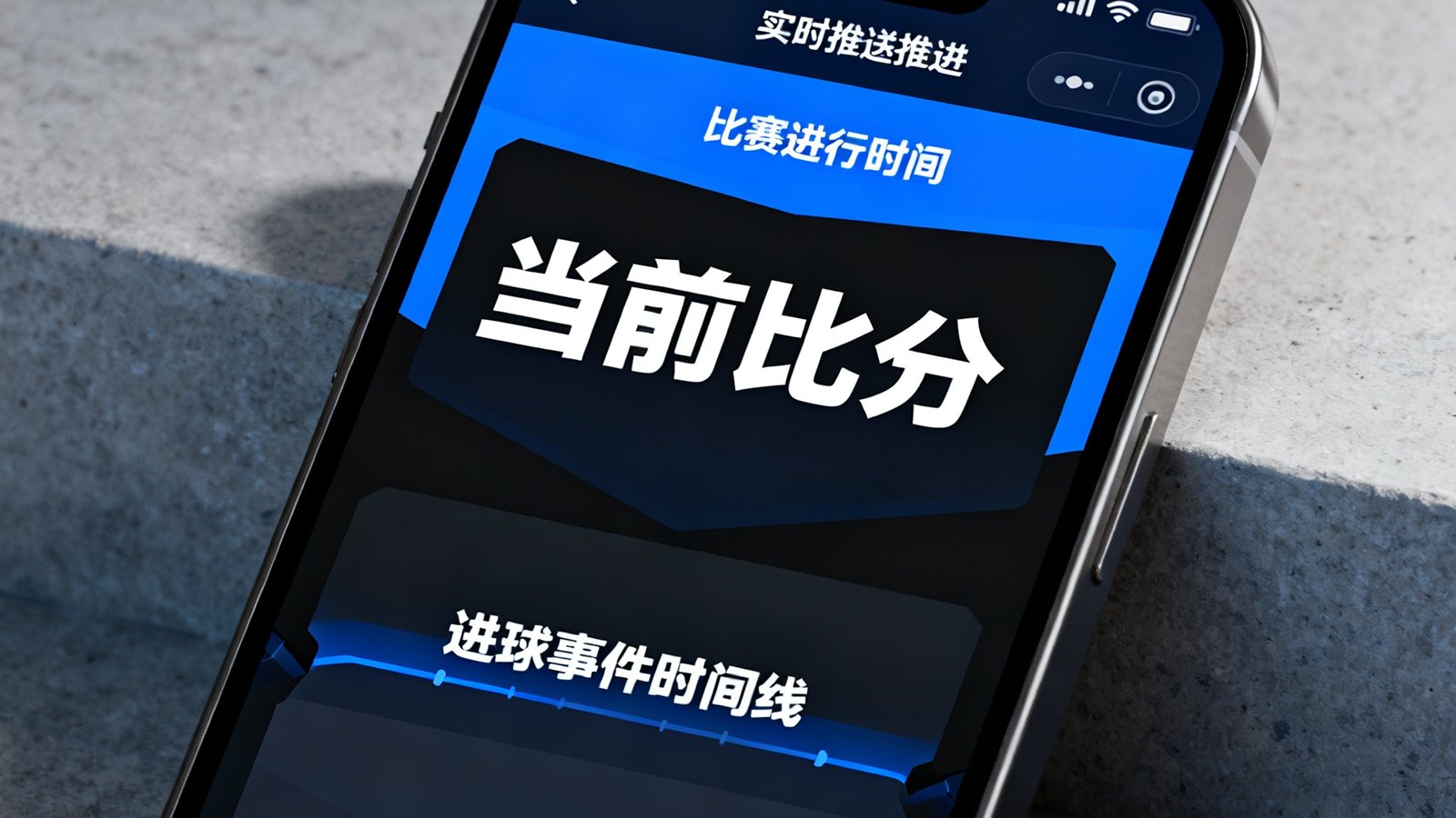 智能手机屏幕显示星空体育APP的实时比分推送界面，顶部显示比赛进行时间，中央大字展示当前比分，下方滚动显示进球事件时间线